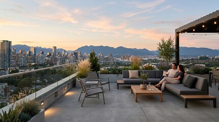 Fototapeta premium Couple enjoying sunset on a modern rooftop terrace overlooking city skyline and mountains.