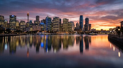 Naklejka premium City Skyline at Sunset with Tall Buildings, Skyscrapers, Water Reflection, Orange Pink Blue Sky, and Urban Beauty, 4K image 