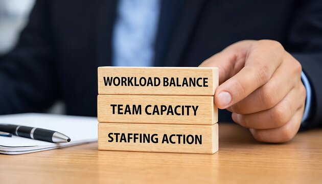 Professional pushing wooden blocks representing workload balance team capacity and staffing action on desk
