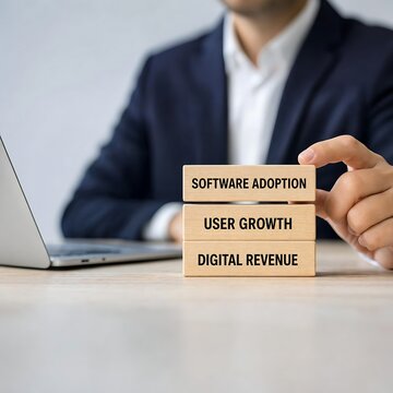 Professional stacking wooden blocks showing software adoption user growth and digital revenue with businessperson working on laptop