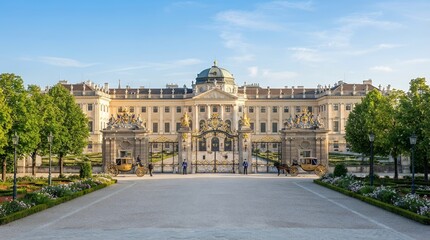 Obraz premium Grand Palace Facade with Trees and Gardens in Daylight.