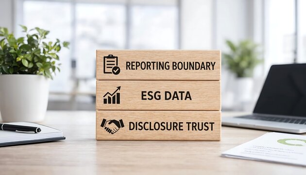 Professional wooden blocks illustrating reporting boundary concepts with ESG data and disclosure trust on office desk
