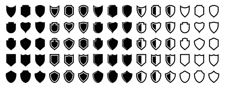 Large collection of diverse shield icons in black and white, perfect for security and protection concepts