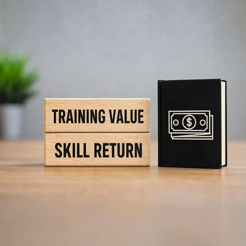 Training investment concept showing skill return and financial growth with wooden blocks and money notebook