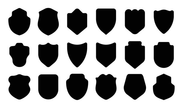 Diverse collection of shield shapes in black silhouettes, perfect for security and heraldic design.