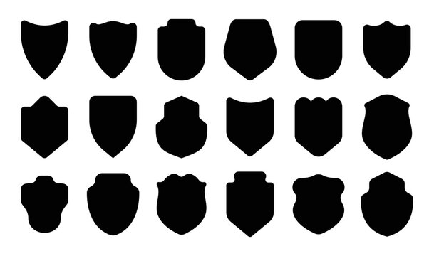 Collection of diverse black shield emblem shapes, perfect for security, protection, and heraldry design