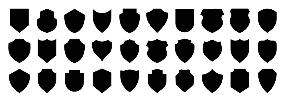 Diverse collection of various black shield silhouettes representing protection, defense, and security emblems