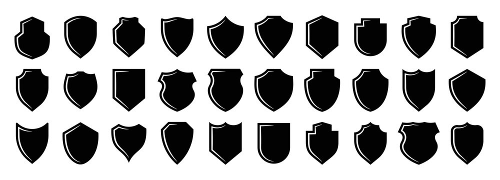 Versatile Black Shield Icons Collection for Security, Protection, Defense, and Emblems in Modern Graphic Design