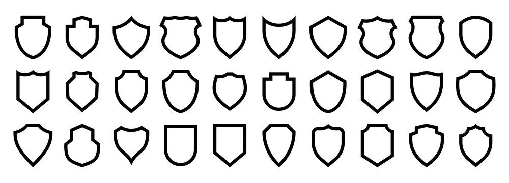 Modern shield outlines vector set, featuring various shapes for security, privacy, and protection