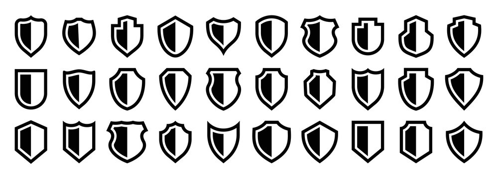 Comprehensive vector collection of thirty unique shield icons for digital security and robust defense systems.