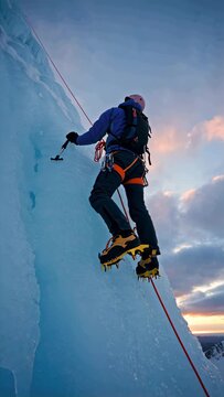 Climber ascending icy mountain with rope and ice axe at sunset