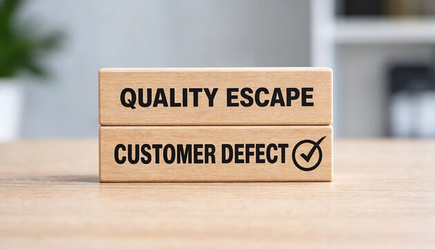 Wooden block sign showing quality escape and customer defect concept with checkmark for business improvement