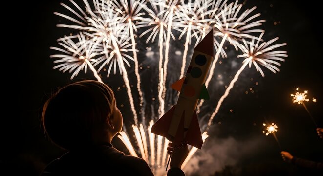 Silhouette of a child holding a toy rocket while watching a magnificent firework display in the dark night sky during a festive celebration