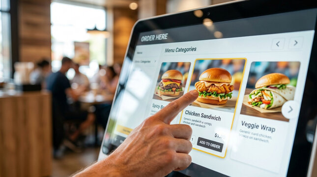 Customer ordering food from digital kiosk screen in fast food restaurant