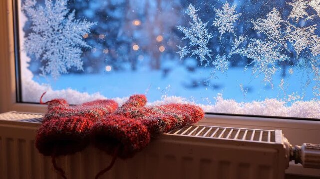 Red wool mittens drying on a warm radiator near a window with frost patterns. Winter scene with snowy landscape background. Cozy home comfort during Christmas time.