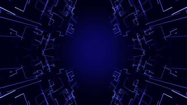 Abstract blue particle wave with glowing dots and flowing lines, creating a futuristic technology background with dynamic depth and light
