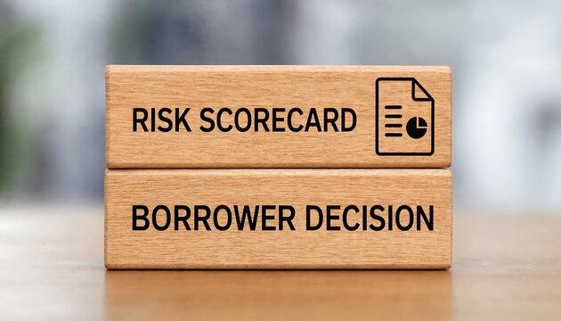 Wooden blocks displaying risk scorecard and borrower decision concept for financial lending and credit evaluation processes