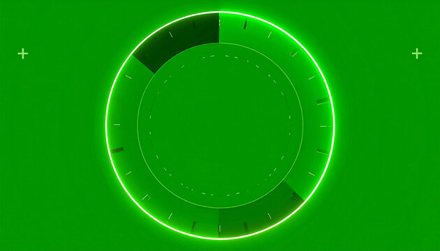 Green neon circle with a dark section and plus signs on a green background, futuristic design