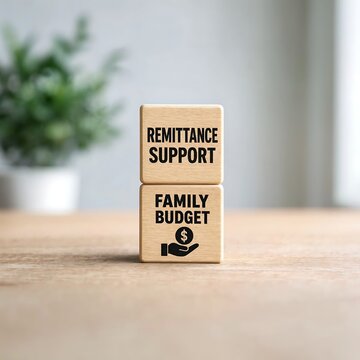 Wooden blocks illustrating remittance support and family budget management on a light wooden surface