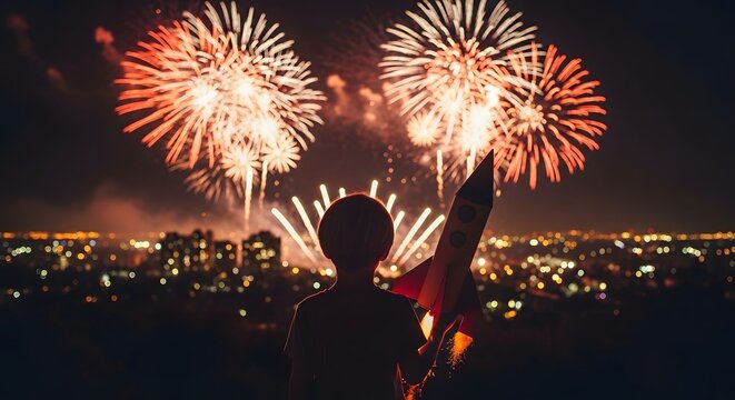 Little boy holding toy rocket looking at fireworks over city night sky dreaming of future and space exploration