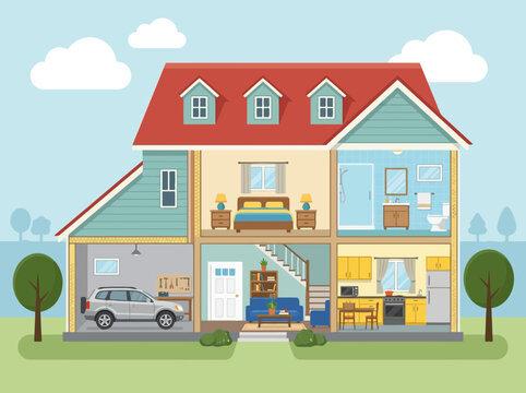 Illustration of cross section of family house showing interior rooms and garage with interior architecture building residential floorplan bathroom suburban