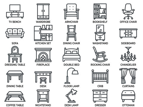 Illustration of various furniture item line icons for home interior design with furniture interior minimalist arrangement floorplan collection furnishing