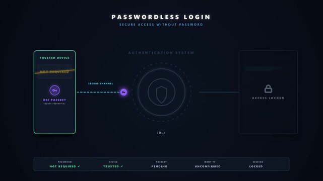 Passwordless login animation showing secure device authentication, digital verification, and seamless access without entering a traditional password. 