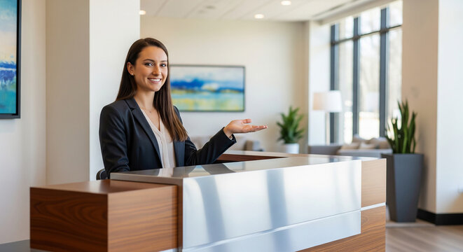 Professional businesswoman standing at the front desk extending a warm welcome perfect for a corporate hospitality service concept