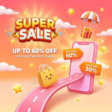 Super Sale 60 Percent Discount Promotion Banner With 3D Smartphone Shopping Bag And Vouchers Sunset Orange Design

