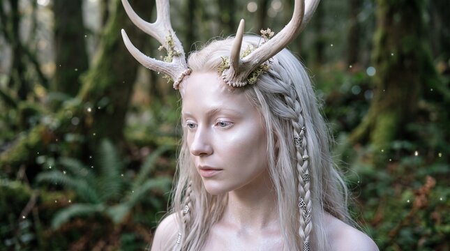Macro photo of woman with stag antlers 2k showing woman's features showing delicate skin pores natural beauty details and high-resolution skin texture with professional studio lighting
