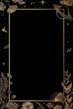 Vertical zodiac tarot frame with florals and celestial elements in vintage gold on black background, minimalist rectangular border, blank center layout for mystical card design concept
