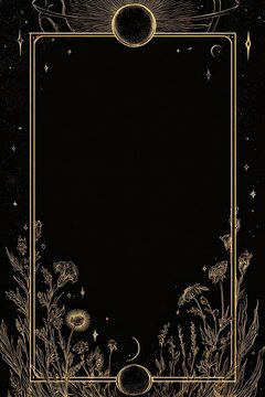 Vertical zodiac tarot frame with florals and celestial elements in vintage gold on black background, minimalist rectangular border, blank center layout for mystical card design concept
