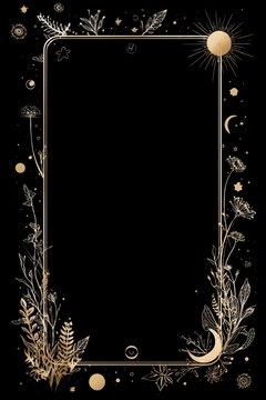 Vertical zodiac tarot frame with florals and celestial elements in vintage gold on black background, minimalist rectangular border, blank center layout for mystical card design concept
