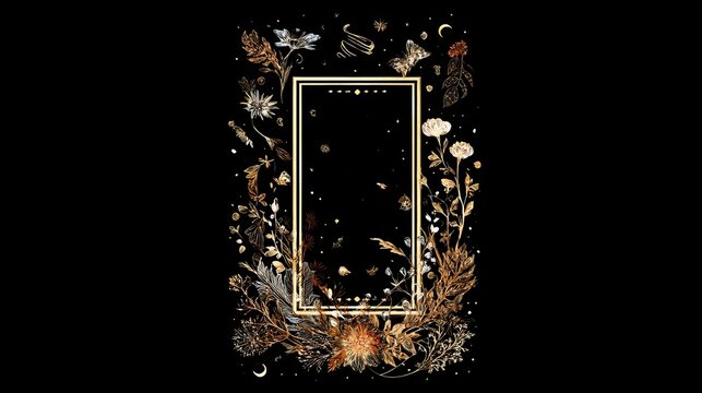 Vertical zodiac tarot frame with florals and celestial elements in vintage gold on black background, minimalist rectangular border, blank center layout for mystical card design concept
