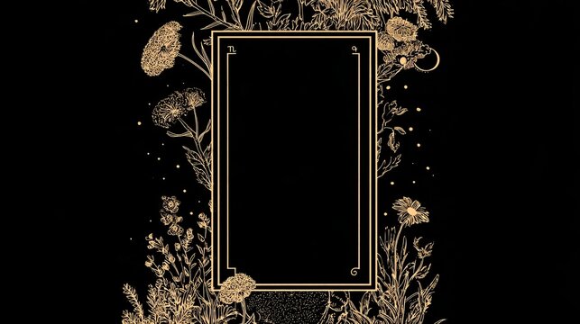 Vertical zodiac tarot frame with florals and celestial elements in vintage gold on black background, minimalist rectangular border, blank center layout for mystical card design concept
