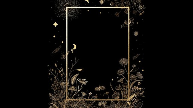 Vertical zodiac tarot frame with florals and celestial elements in vintage gold on black background, minimalist rectangular border, blank center layout for mystical card design concept

