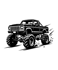 Black and white vector illustration of a powerful monster truck driving fast on a white background © meril