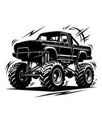 Black and white vector illustration of a powerful monster truck with large tires isolated on white background © meril
