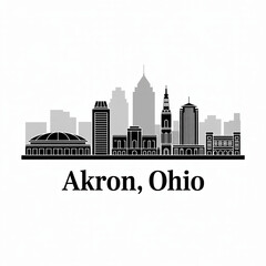 Obraz premium Akron Ohio City Skyline Silhouette Architecture Illustration with Stadium and Church Spire