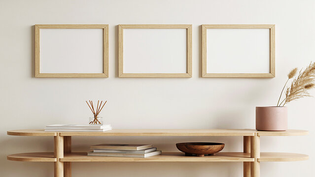 Minimalist interior mockup with three wooden frames on a white wall, console table, and decorative plant in a cozy living room setting