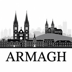 Fototapeta premium Armagh Northern Ireland City Skyline Silhouette Architecture Illustration with Saint Patrick Cathedrals