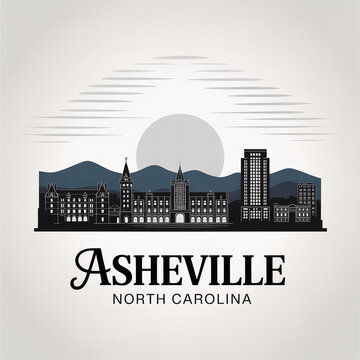 Asheville North Carolina City Skyline Silhouette Illustration with Blue Ridge Mountains and Historic Downtown