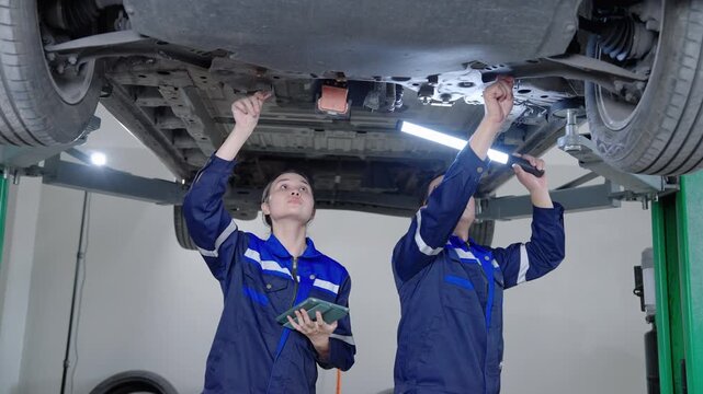 Two automotive technicians inspect the underside of an electric vehicle on a hydraulic lift while using a tablet and inspection light in a professional workshop.
