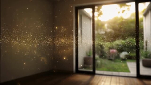 Slow motion window view of garden and bird feeder through dirty glass