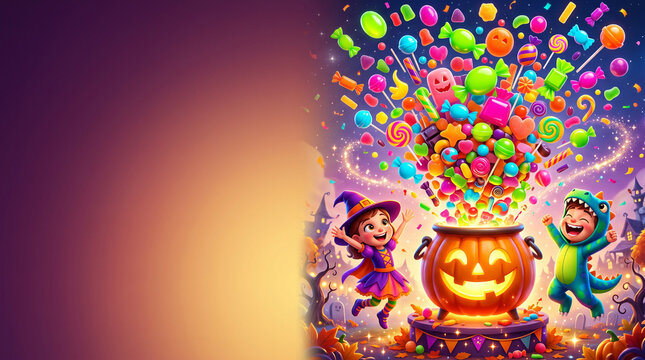 3D kids Halloween candy explosion from pumpkin cauldron stock photo&mdash;featuring a cheerful cartoon girl in a witch costume and a excited boy in a green dinosaur onesie cheering as vibrant colorful candi