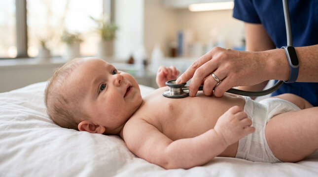 Pediatrician examining baby with stethoscope, healthcare check-up, close-up