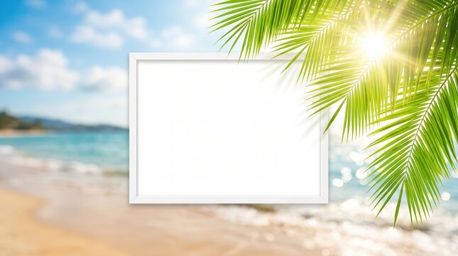 Summer background with frame, nature of tropical golden beach with rays of sun light and leaf palm. Golden sand beach close-up, sea, blue sky, white clouds. Copy space, summer vacation concept.