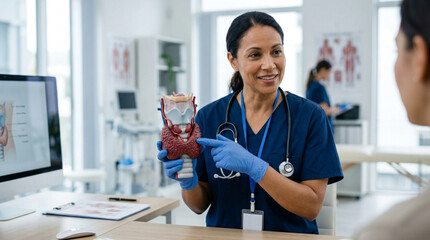 Fototapeta premium Doctor explaining thyroid anatomy with model to patient in clinic