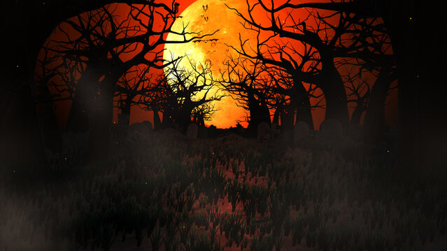 Haunted Forest At Halloween Night With Glowing Full Moon, Spooky Graveyard And Dark Bare Trees Creating A Mysterious Horror Atmosphere, Halloween Background Concept, 3d rendering