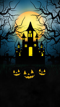 Spooky Haunted Castle With Glowing Pumpkins And Bare Trees Under A Full Moon On Halloween Night, Halloween Background Concept, 3d rendering